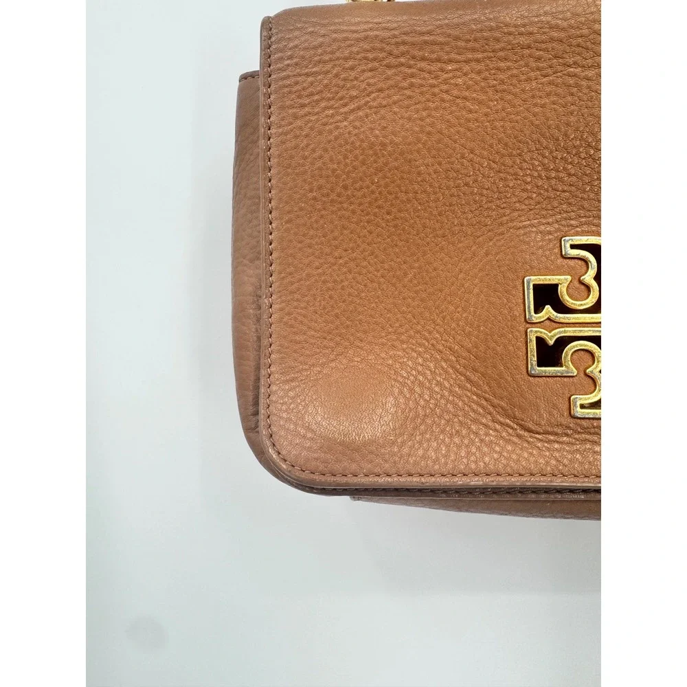 Tory Burch Shoulder Bag Womens Small Brown Leather Chain Strap Flap Logo